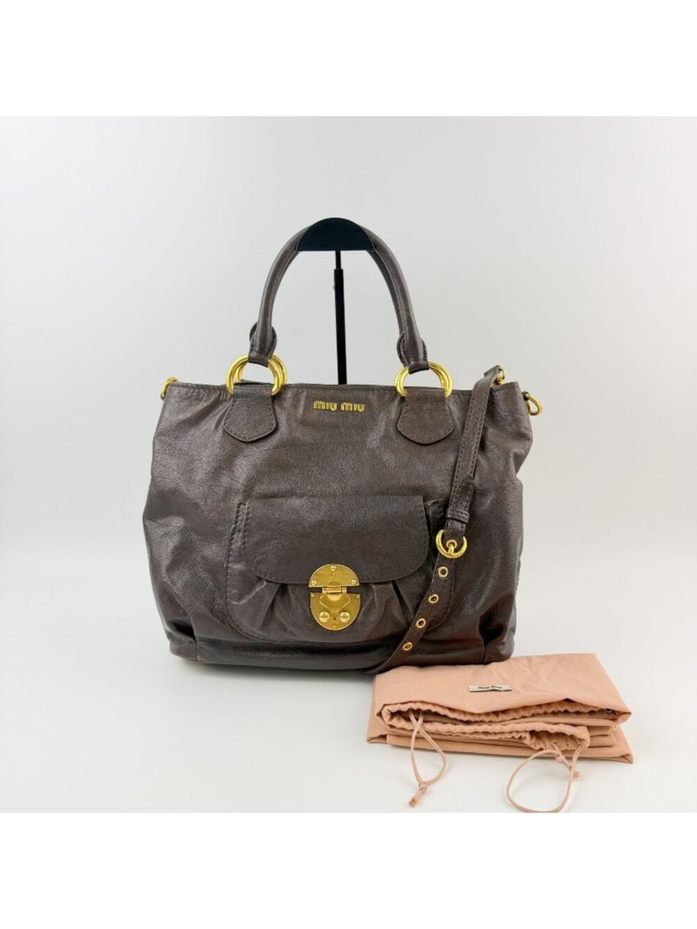 Miu Miu Front Pocket Lock Ring Handle 2-Way Shoulder Bag Leather Gray Brown